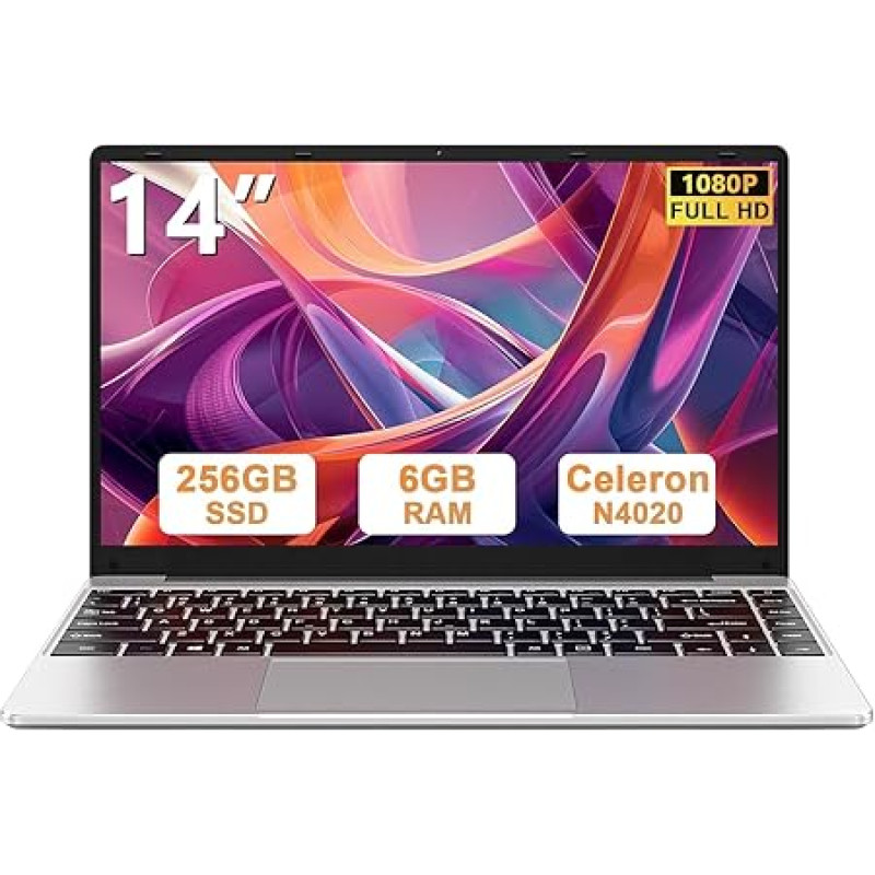 bvate Laptop 14 Inch Win11 256GB SSD Support 1TB Notebook Celeron N4020 (up to 2.8GHz) 1080p WiFi BT4.2 German Keyboard Protector and Wireless Mouse Silver