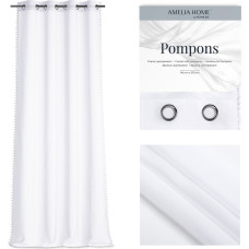 POMPONS užuolaidos, balta, kilpos, sidabrinės kilpos, voile, 140x270