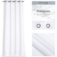 POMPONS aizkars, balts, cilpas, sudraba cilpas, voile, 140x250