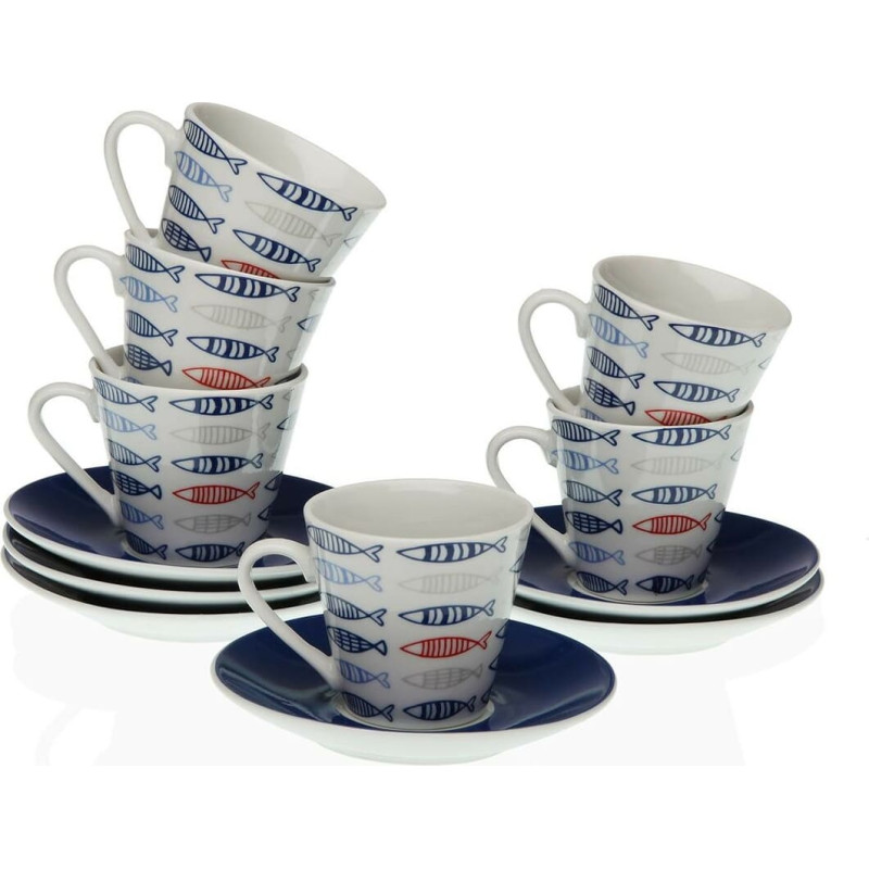 Set of Mugs with Saucers Versa Porcelain 5,8 x 6 x 5,8 cm Fish Coffee (12 Pieces)