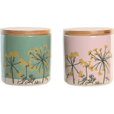 Tin DKD Home Decor 11,5 x 11,5 x 12 cm Floral Pink Green Bamboo Stoneware Shabby Chic (2 Units)