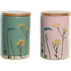 Tin DKD Home Decor 11,5 x 11,5 x 17,5 cm Floral Pink Green Bamboo Stoneware Shabby Chic (2 Units)