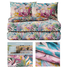 AVERI gultas veļa, tirkīza krāsa, apdrukāts ziedu motīvs, tropu stilā, 200x220+80x80*2