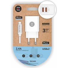 Sienas Lādētājs + MFI Apgaismojuma Kabelis Tech One Tech Dubultā Lightning Balts